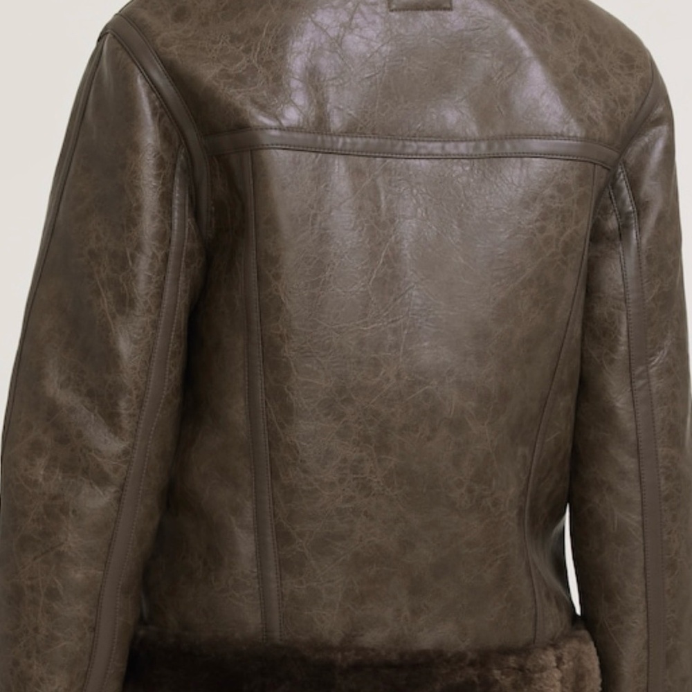 Women's Dark Brown Leather Jacket with Faux Fur Trim - Picture 2 of 2